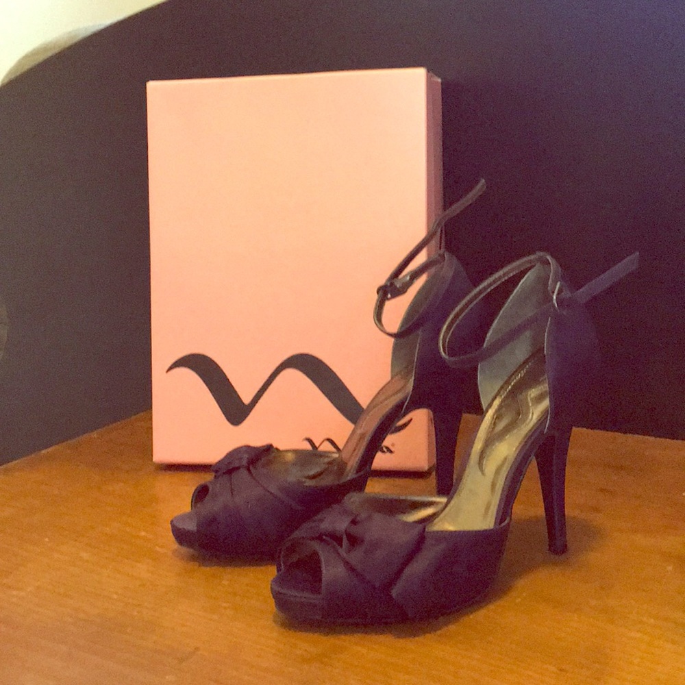 Dark purple satin peep toe ankle strap heels